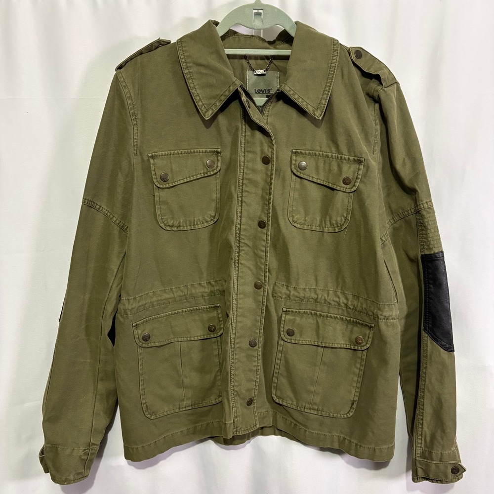 Levis Womens Olive Green Cotton Twill Field Jacket Faux Leather Elbow Patches XL